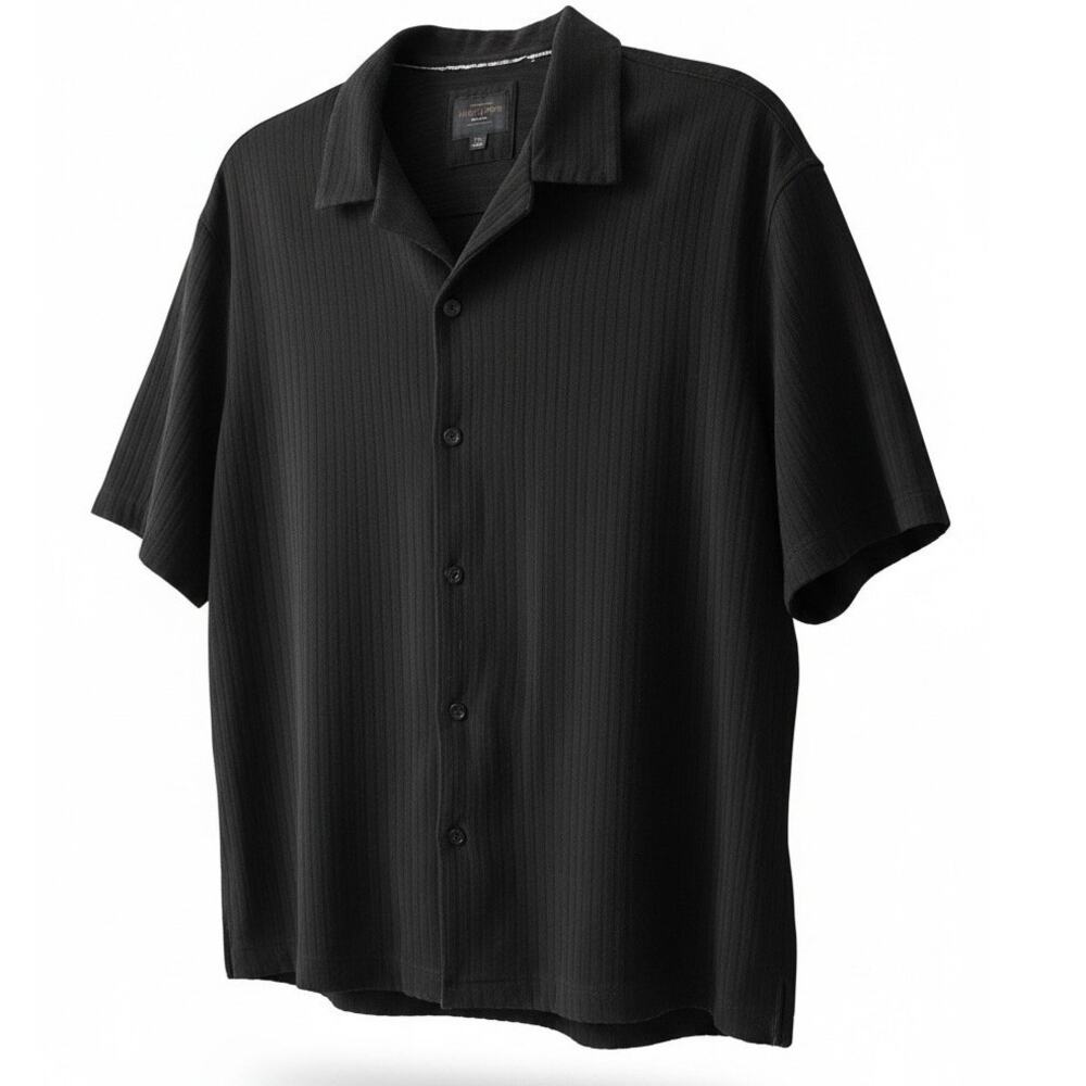 Marc Asher NYC Mens Large Collared Textured Stripe Black Short Sleeve Button Up